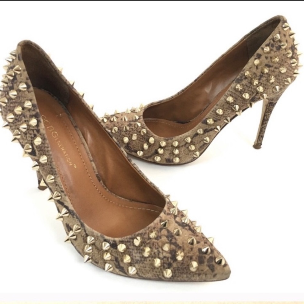 BCBGeneration Oahu Snake Print Spiked Studded Heels Size 7.5